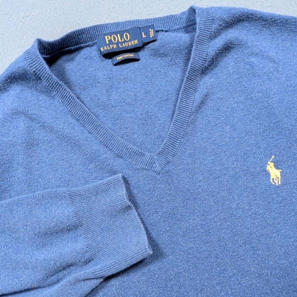 Polo Ralph Lauren V-Neck Sweater Mens Large‎ Blue Pima Cotton Long Sleeve
